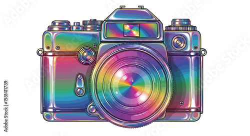 Vector vintage camera illustration with rainbow effect for photography enthusiasts and creative professionals alike