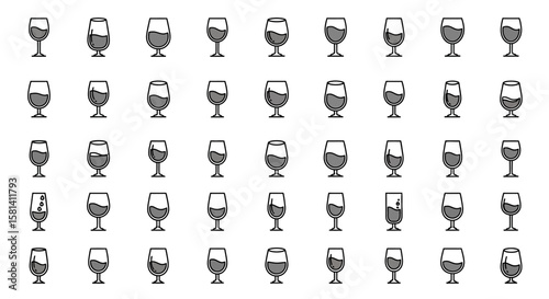 Set of Vector Icons Wine Glasses Icons Assorted Styles with Liquid Black Outline Gray Fill. Vector Illustrations. EPS Editable