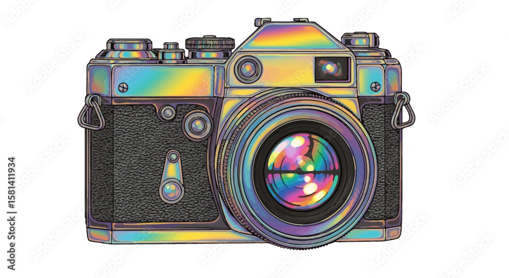 Fototapeta premium Vector vintage camera illustration with iridescent effect for photographers and design enthusiasts alike