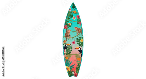 Vector tropical surfboard design with monkeys toucans and flowers for surfing enthusiasts and beach lovers alike