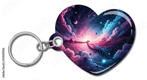 Vector heart shaped keychain with galaxy nebula design unique gift for space lovers accessory bag charm present idea