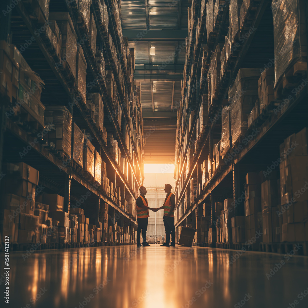 Fototapeta premium Two workers shaking hands in warehouse aisle during sunset light