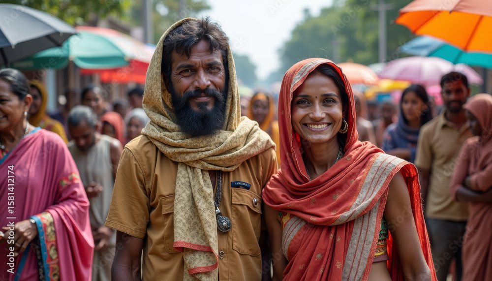 Fototapeta premium Community Celebration, Smiling Couple, Market Street, Photography, Vibrant Atmosphere, Eye-Level View, Cultural Connection