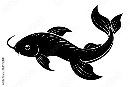 Elegant black koi fish swimming gracefully silhouette vector illustration