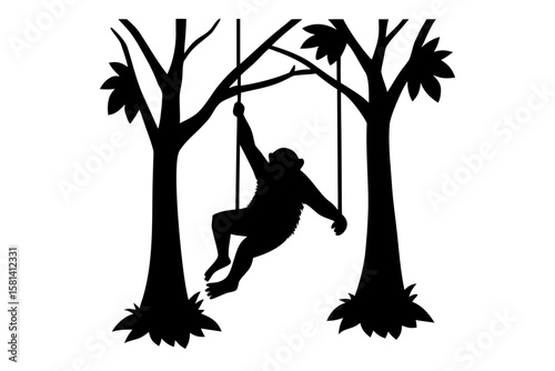 Monkey swinging on a rope between trees silhouette vector illustration