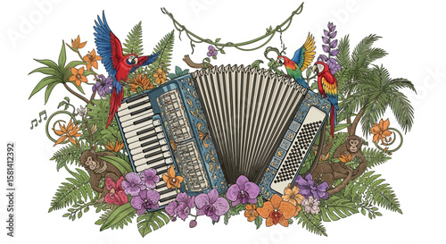 Vector accordion in the jungle with parrots and monkeys surrounded by tropical flowers and plants art