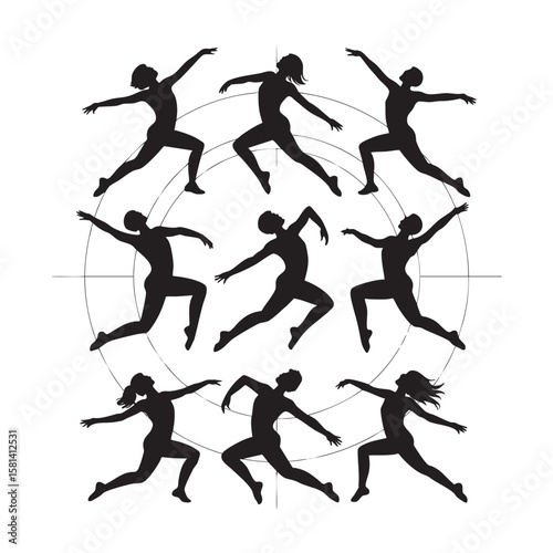 Black silhouettes dancers dynamic ballet poses white