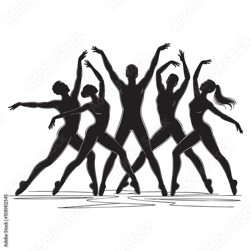 Ballet dancers graceful poses silhouettes black white.