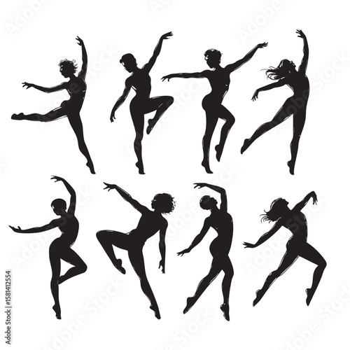 Ballet dancers graceful poses black white silhouettes.
