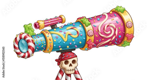 Vector sweet candy telescope pirate skull with sweets and gummy bears for kids adventure and exploration fun toy art
