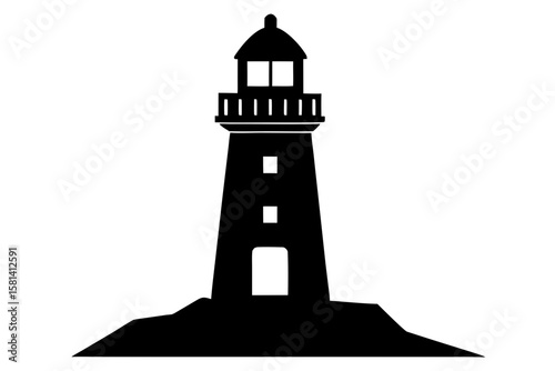 Black lighthouse on rock formation silhouette vector illustration