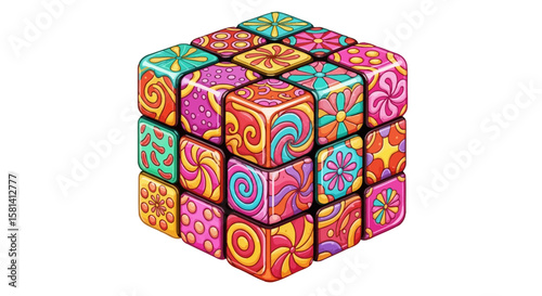 Vector colorful patterned cube puzzle illustration for kids and adults brain teaser visual challenge fun game