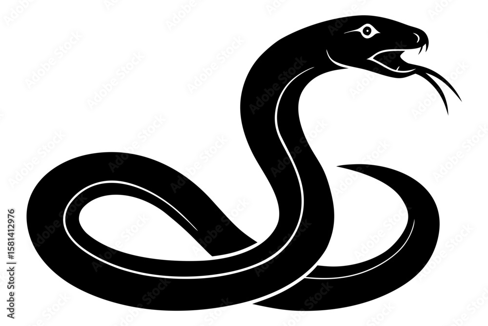 Naklejka premium Elegant black snake with tongue silhouette vector illustration