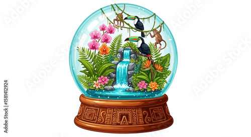 Vector explore tropical rainforest snow globe with monkeys toucans and waterfall in a whimsical design illustration