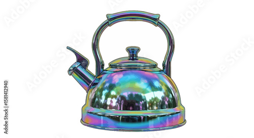 Vector iridescent stainless steel tea kettle for boiling water in kitchen and tea preparation with handle and spout