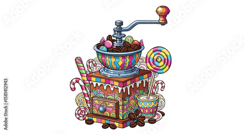 Vector colorful coffee grinder with candy canes and lollipops for sweet treats and delicious coffee beans art