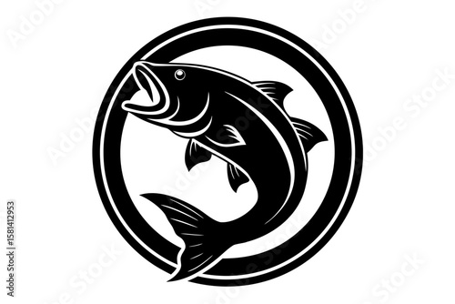 Jumping bass fish in oval frame silhouette vector illustration