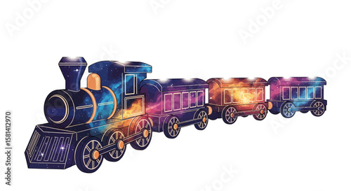 Vector galaxy train illustration, cosmic steam engine, celestial railroad, fantasy locomotive, kids art, space travel