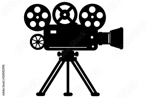 Vintage movie camera on tripod black silhouette vector illustration