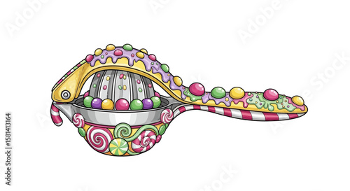 Vector candy themed citrus juicer illustration with colorful swirls and sprinkles design for kitchen decor art