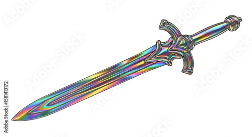 Vector iridescent fantasy sword design, medieval weapon illustration, holographic blade, colorful sword art design