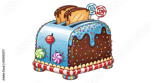 Vector illustration of a whimsical candy toaster with toast and lollipops for sweet kitchen appliance art