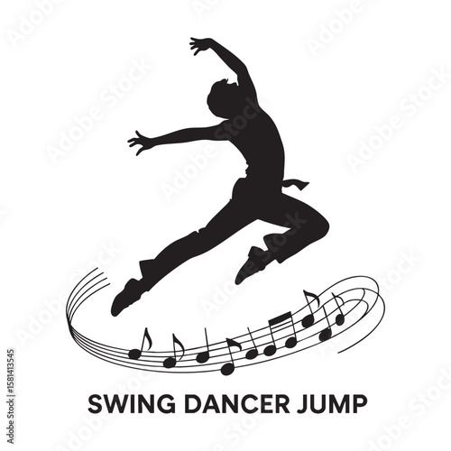 Silhouette dancer leaping with musical notes jumping.
