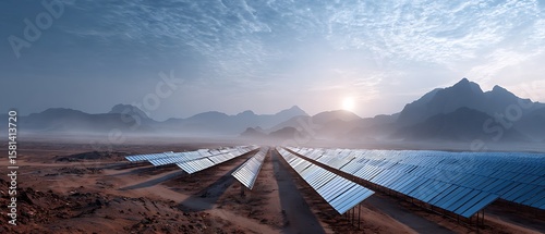 Solar Panel Array Against Mountain Landscape