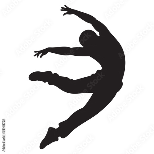 Athletic dancer leaping mid air silhouette black.