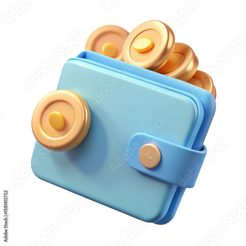 3d render of blue wallet with gold coins isolated on transparent background