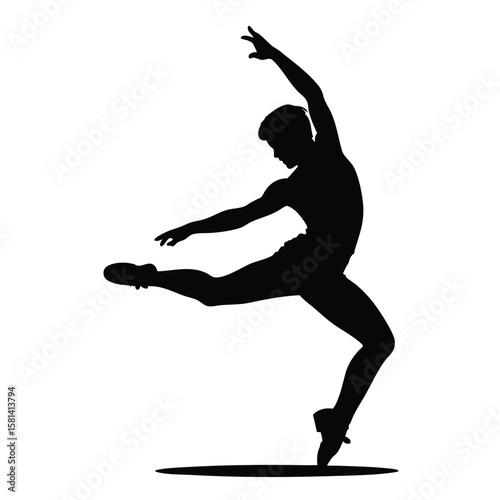 Male ballet dancer dynamic pose silhouette black white background.