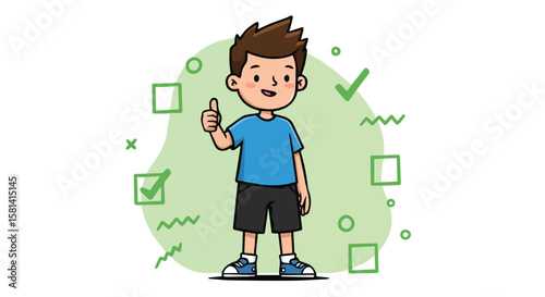 Happy Boy Giving Thumbs Up with Positive Symbols