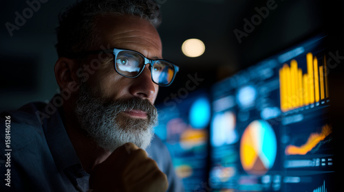 Man looks thoughtfully as he examines financial charts and graphs, reflecting deep analysis and strategic consideration