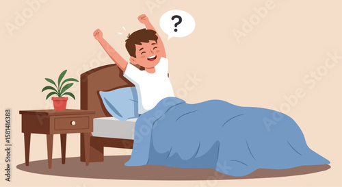 Confused Little Boy Waking Up in the Morning