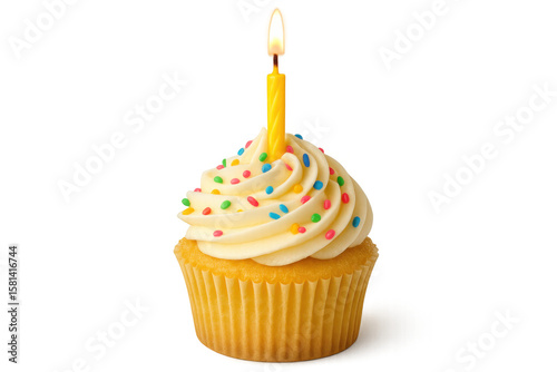 Vanilla-frosted cupcake featuring colorful sprinkles, yellow birthday candle glowing, positioned against transparent backdrop highlighting festive sweet treat