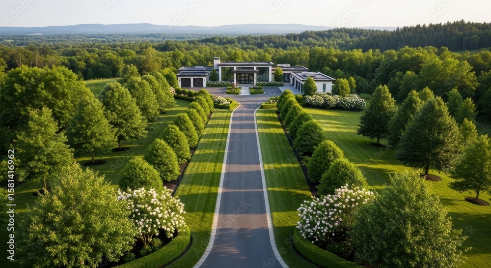 Luxurious Modern Estate with Long Driveway, Lush Green Landscape Luxurious Modern Estate with Long Driveway, Lush Green Landscape