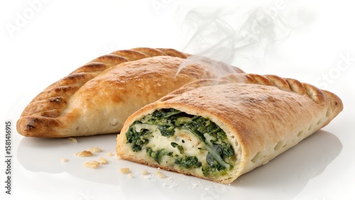 Steaming Baked Pastries with Green Filling on Rustic Surface



