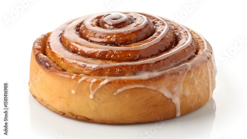 Freshly Baked Cinnamon Roll with Sweet Icing on White Background








