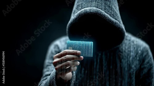 Hooded figure holding an empty credit card against a digitalized background, symbolizing cybercrime, identity theft, and online fraud. Dark, mysterious atmosphere with caption space on the side.

