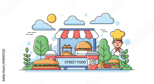 Colorful Street Food Stall Illustration with Chef and Burgers