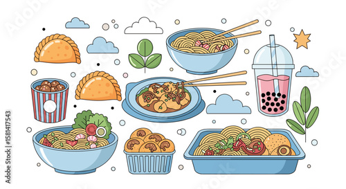 Delicious Asian Food Illustration Set with Noodles and Drinks