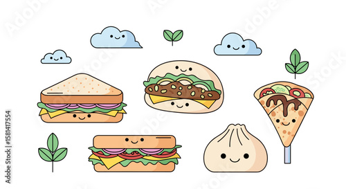 Cute Food Illustration Set with Smiling Sandwich Burgers Clouds