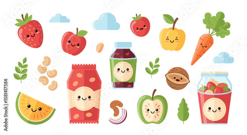 Cute Cartoon Fruits Vegetables and Healthy Snacks for Kids