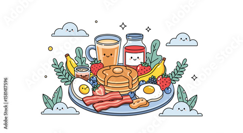 Breakfast Illustration with Pancakes, Bacon, and Fruits