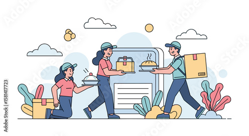 Food delivery service concept illustration with couriers