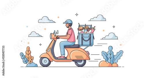Delivery man on scooter delivering food illustration