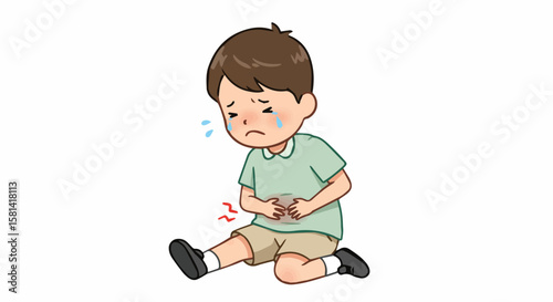 Sad Little Boy Crying and Holding His Stomach in Pain Cartoon Illustration