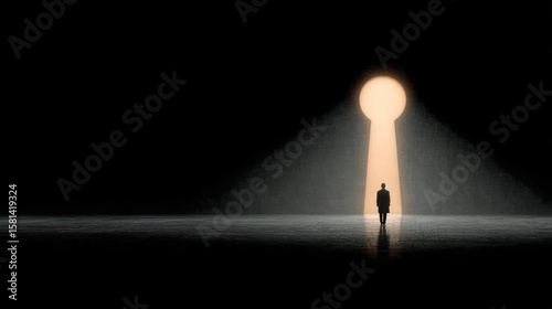 Silhouette figure walks towards a keyhole