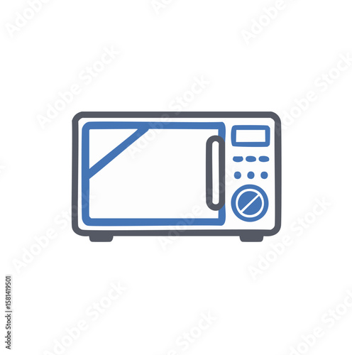 Blue and grey microwave oven with digital display and dial kitchen appliance cooking
