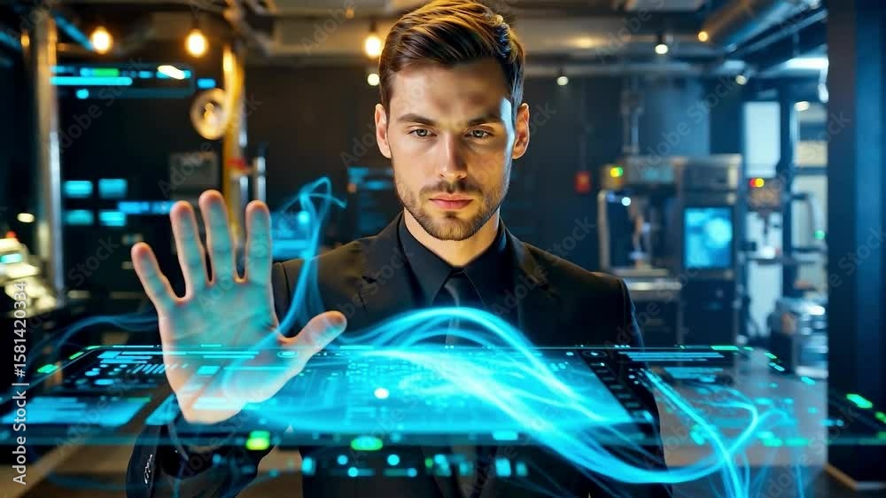 Man interacting with futuristic digital holographic interface using hand gesture in dark high-tech room. Studio portrait. Virtual reality and advanced technology concept for design and print